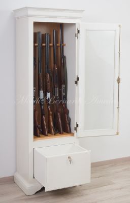 Fuciliera in legno massello stile classico con 1 anta con vetro e finitura colore bianco anticato