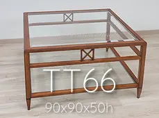Tavolino da salotto in legno con doppio ripiano in vetro cm 90x90x50h