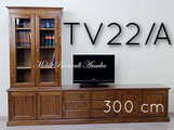 Mobile Tv in noce da 300 cm con libreria vetrina a 2 ante