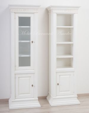 Libreria stile classico contemporaneo in legno massello con 1 antina laccata bianco anticato