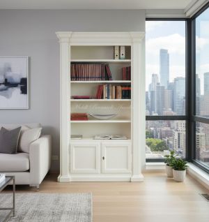 Libreria bianca in legno stile classico collocata in ambiente moderno - elaborazione grafica