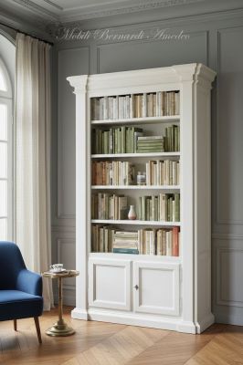 Libreria in legno finitura bianco anticato collocata in una casa classica - elaborazione grafica