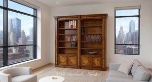 Libreria stile classico in legno massello di noce con intarsi inserita in una casa moderna