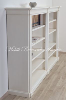 Libreria bassa a giorno in legno massiccio stile classico da soggiorno o studio con finitura laccata bianco
