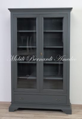 Libreria costruita in legno massello con finitura colorata grigio 2 ante e 1 cassetto