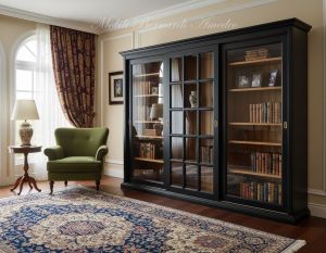 Vetrina libreria inserita in un soggiorno di tipo classico realizzata in legno con 3 ante scorrevoli con vetro