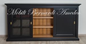 Credenza con 3 ante scorrevoli finitura laccata nero anticato e tinta legno chiaro