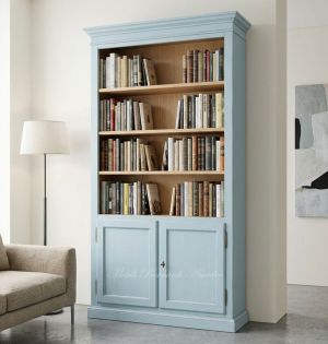 Libreria stile classico 2 ante con finitura laccata azzurro e rovere chiaro