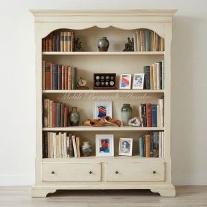 Libreria in legno con cassetti finitura laccata colorata bianco avorio anticato