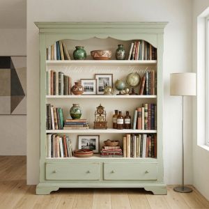 Libreria in legno con cassetti finitura laccata colorata verde chiaro anticato e bianco