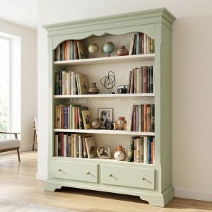 Libreria in legno con cassetti finitura laccata colorata verde chiaro anticato e bianco