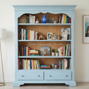 Libreria in legno con cassetti finitura laccata azzurro anticato e rovere
