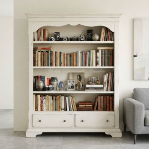 Libreria in legno con cassetti finitura laccata colorata bianco avorio anticato