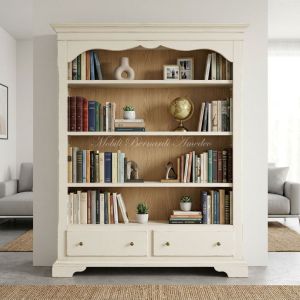 Libreria in legno con cassetti finitura laccata bianco anticato e rovere