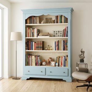 Libreria in legno con cassetti finitura colorata azzurro anticato e bianco crema