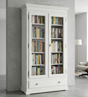 Libreria vetrina classica in legno con finitura colore bianco anticato