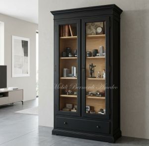 Libreria vetrina classica in legno con finitura colore nero anticato e rovere chiaro