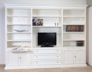 Libreria da soggiorno in legno finitura colore bianco con zona porta Tv