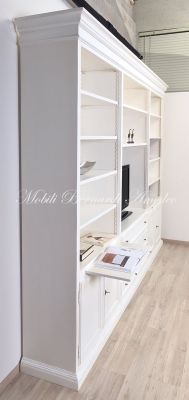 Libreria da soggiorno in legno finitura colore bianco con zona porta Tv