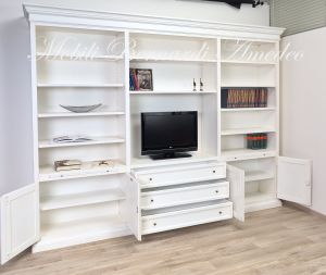 Libreria da soggiorno in legno finitura colore bianco con zona porta Tv