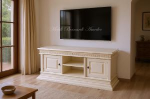 Classic style wooden TV cabinet inserted in a modern environment - graphic processing