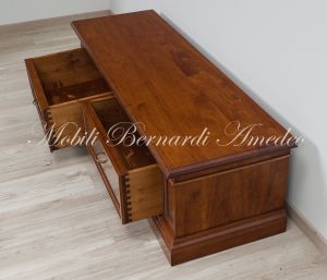 Mobile basso da soggiorno per Tv in legno massello di noce con 2 cassetti stile classico