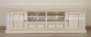 Low living room cabinet for TV made of solid wood with white and gold leaf finish