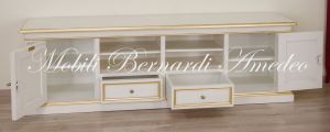 Low living room cabinet for TV made of solid wood with white and gold leaf finish