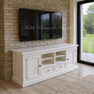 Classic style wooden TV cabinet with antique white finish inserted in a modern home