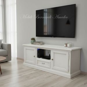 TV cabinet in solid wood with white finish placed in a modern living room - graphic design