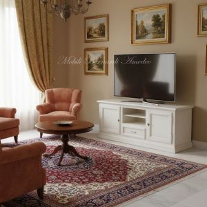 TV cabinet in solid wood with white finish placed in a classic living room - graphic design