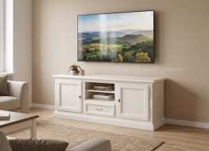 TV cabinet in solid wood with white finish placed in a modern living room - graphic design