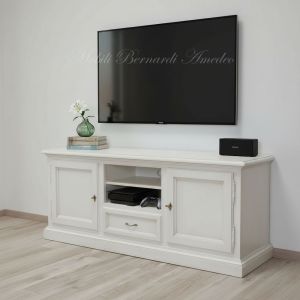 TV cabinet in solid wood with white finish placed in a modern living room - graphic design