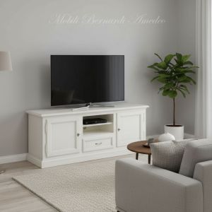 TV cabinet in solid wood with white finish placed in a modern living room - graphic design