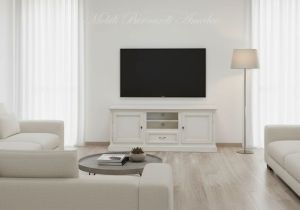 TV cabinet in solid wood with white finish placed in a modern living room - graphic design