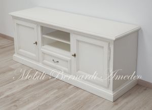 Living room TV cabinet made of solid wood in a contemporary classic style with drawer doors and open central compartment