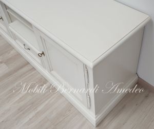 Living room TV cabinet made of solid wood in a contemporary classic style with drawer doors and open central compartment