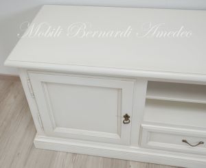Living room TV cabinet made of solid wood in a contemporary classic style with drawer doors and open central compartment