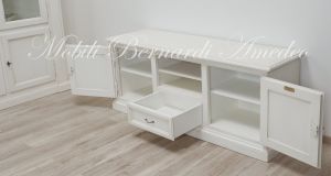 Living room TV cabinet made of solid wood in a contemporary classic style with drawer doors and open central compartment