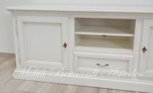 Living room TV cabinet made of solid wood in a contemporary classic style with drawer doors and open central compartment