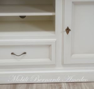 Living room TV cabinet made of solid wood in a contemporary classic style with drawer doors and open central compartment