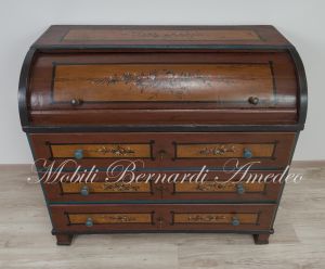 Bureau a rullo antico in legno laccato colorato con decori tipo tirolese