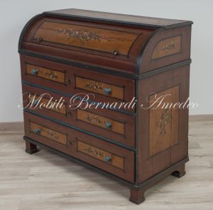 Bureau a rullo antico in legno laccato colorato con decori tipo tirolese