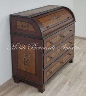 Bureau a rullo antico in legno laccato colorato con decori tipo tirolese