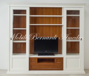 Libreria con ante scorrevoli in legno finitura bicolore con zona porta Tv centrale