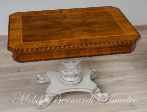 Coffee table with inlaid walnut top and turned central leg