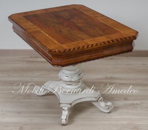 Coffee table with inlaid walnut top and turned central leg