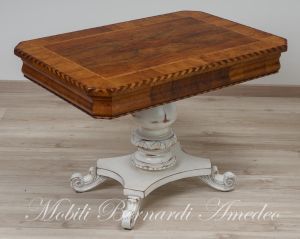 Coffee table with inlaid walnut top and turned central leg
