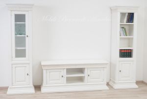 Living room TV cabinet with bookcases in a contemporary classic style, antique white lacquered finish