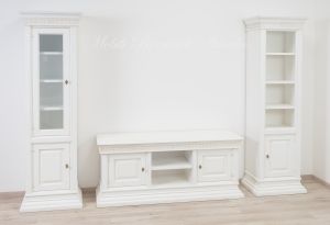 Living room TV cabinet with bookcases in a contemporary classic style, antique white lacquered finish